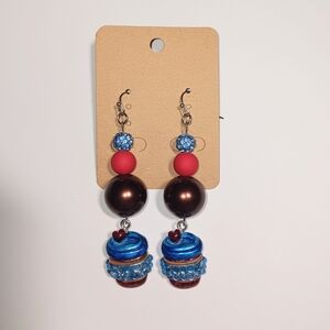 HANDMADE Blue, Red, & Brown Beaded Bling Coffee Cup Earrings for Coffee Lovers